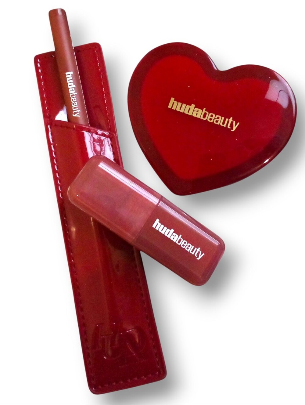 HUDA BEAUTY Strawberry Latte Collection Lip/Blush Set + Heart Mirror NEW